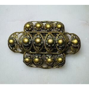 Vtg Antique Gold Tone Art  Nouveau Floral Gold Brooch Pin Large Rectangle Brooch